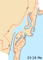 Japanese archipelago, Sea of Japan and surrounding part of continental East Asia in Early Miocene (23-18 Ma)