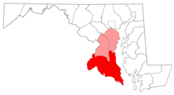 A map of the counties of Southern Maryland. According to the state of Maryland, the region includes all of Calvert, Charles, and St. Mary's counties (red) and the southern portions of Anne Arundel and Prince George's counties (light red)[3]