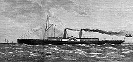 View of the port side of the Princess Alice, a sleek looking paddle steamer. Smoke rises from the two funnels and trails behind the vessel.