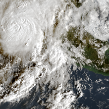 Satellite image of Tropical Depression Vicente just after making landfall in Michoacán, Mexico and Hurricane Willa located to the northwest on October 23.