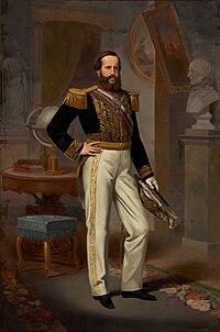 Full-length painted portrait of a young, full-bearded man standing before a table on which are books and a globe and wearing white trousers, a military tunic with heavy gold braid, a sash of office, and holding a bicorn admiral's hat
