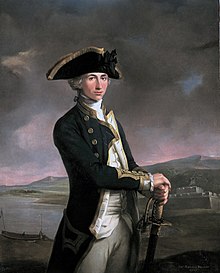 Portrait of Horatio Nelson in blue naval uniform, standing and leaning on a sword