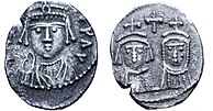 Coin depicting Martinus's father Heraclius, half-brother Constantine III, and mother Martina