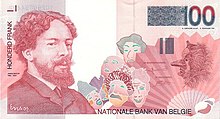 Vorderseite einer 100-Franken-Banknote mit einem Porträt von Ensor und mehreren seiner Maskenbilder