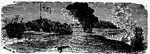 A black-and-white sketch of a boat on fire and a man floating in a river. A flag with the word "Liberty" is flying in the background.