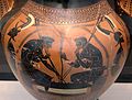 Ungerüstete Krieger mit Baum; schwarzfigurige Bauchamphora, um 500 v. Chr., Leagros-Gruppe, Staatliche Antikensammlungen, München[8]