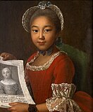 Portrait of Kalmyk girl Annushka. 1767. Annushka was a pupil and a serf of Varvara Sheremetev. In her hands she holds the portrait of her late benefactor.