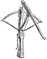 Illustration of a gaffe lever mounted on a crossbow that is nearly at full-span.
