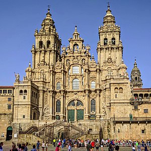 The Spanish Baroque west front of the Romanesque Cathedral of Santiago de Compostela