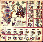 The original page 13 of the Codex Borbonicus; Bibliothèque de l'Assemblée Nationale (Paris). This 13th trecena (of the Aztec sacred calendar) was under the auspices of the goddess Tlazōlteōtl, who is shown on the upper left wearing a flayed skin, giving birth to Centeōtl. The 13-day-signs of this trecena, starting with 1 Earthquake, 2 Flint/Knife, 3 Rain, etc., are shown on the bottom row and the right column