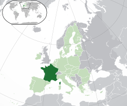 Location of metropolitan France (dark green) – in Europe (green & dark grey) – in the European Union (green)