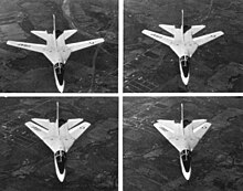 Black and white, four-photo series showing the sequence of a F-111A sweeping its wing for supersonic flight.