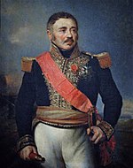 Painting of a man with a brown mustache and brown hair that is graying at the temples. He holds a telescope in his right hand. He wears a dark blue military uniform with gold epaulettes and lace and a red sash across his chest.
