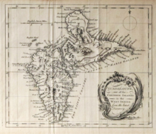 A map drawn with black ink on paper, depicting an irregularly shaped island
