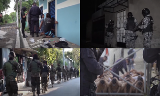 Clockwise from top left: the detention of suspected gang members by the police, a police search of a house, imprisoned gang members, soldiers on patrol in the streets.