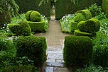 Ein Gartenraum im Hidcote Manor Garden, der Weiße Garten mit Topiari-Figuren