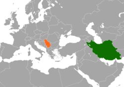 Map indicating locations of Iran and Serbia
