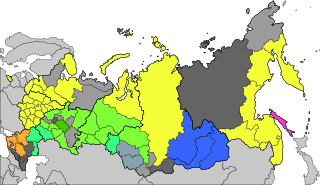 Largest ethnic group apart from Russians: yellow – Ukrainians, lawn green – Tatars, green – Kazakhs, orange – Armenians, blue – Buryats, gray-blue – Germans, pink – Koreans