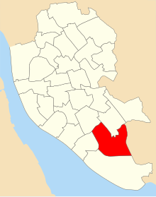 A map of the city of Liverpool showing 2004 council ward boundaries. Allerton ward is highlighted