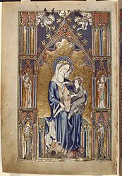 Miniature of the Virgin and Child. The Virgin's feet rest on a dragon and a lion. She is seated in an elaborate Gothic arched canopy, with niches containing two angels and the saints Catherine of Alexandria and Margaret of Antioch. Madonna Master from the De Lisle Psalter.