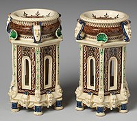 Pair of salts in "Henri Deux" or Saint-Porchaire ware style, by Charles Toft, in lead-glazed "majolica"