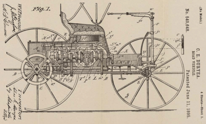Patent drawing for the Duryea Road Vehicle, 1895