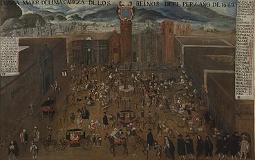 The unfinished cathedral of Lima in the Plaza Mayor, painting of 1680. Museo de América (Madrid).[3]