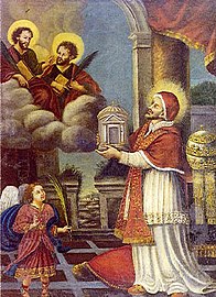 Pope Felix IV presents Saints Cosmas and Damian with the basilica he rededicated