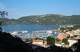 A view of Porto-Vecchio, looking across the Gulf of Porto-Vecchio, with the marina in the foreground and the ferry pier beyond