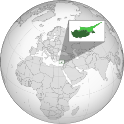 Location of the Republic of Cyprus in dark green, territory de jure but not controlled in light green