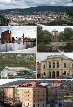 Top: Panorama view of downtown Sundsvall, Stenstaden and South Stadsberget, 2nd left: Mid Sweden University (Mittuniversitetet), 2nd right: Court of Appeal for Lower Norrland in Bunsouska Pond, 3rd left: North Gate Arena and Gustav Adolf Church, 3rd right: Sundsvall Theater, Bottom: Kulturmagasinet, Sundsvall Museum and Library