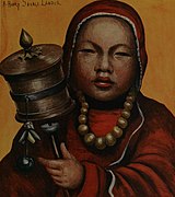 Tibetan child with a prayer wheel