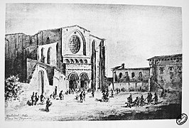 Basilique Saint-Sernin and Saint-Raymond College connected by the Peyrou arch in 1760. Drawing by Pierre Joseph Wallaert.