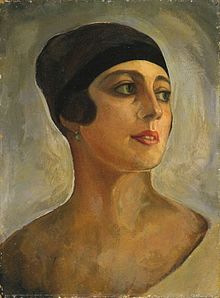 Painting of a woman looking right, wearing green earrings with short black hair