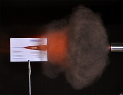 Ultra-high speed photo of a 150 grain FMJ .308 Winchester bullet photographed with an air-gap flash