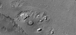Layered mesas in Sinus Meridiani. Taken by HiRISE under the HiWish program.