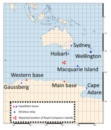 a map showing Australia and the area of Antarctica due south of it. The labelled places outside Antarctica are Sydney, Wellington, Hobart, and Macquarie Island; and from east to west in Antarctica, Cape Adare, main base, western base, Gaussberg.