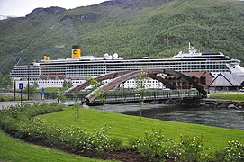 View of Flåm bridge with cruise ship behind