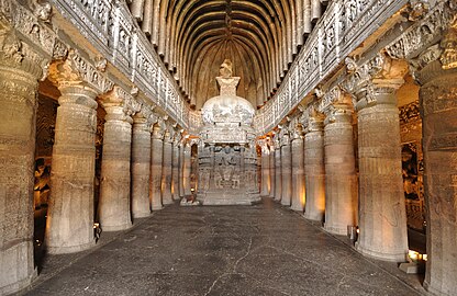 Buddhist "Chaitya Griha" (prayer hall) with a seated Buddha in Cave 26 of the Ajanta Caves.