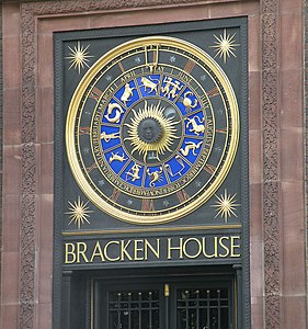 Bracken House, London astrological clock, with its blue circle showing the Signs of the Zodiac.