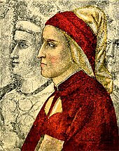 Giotto's portrait of Dante Alighieri left-facing profile with red cape and cap