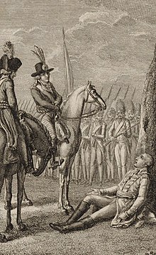 Engraving showing on the right General d'Elbée, lying on the ground, on the left two representatives on horseback and in the background Republican grenadiers.