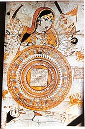 Cloth painting of Devi with a superimposed Yogini Chakra, wheel of the 64 Yoginis. Rajasthan, 19th century.