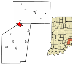 Location of Batesville in Ripley County and Franklin County, Indiana.