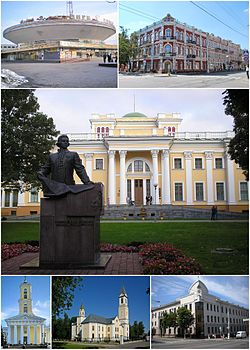 Top: Gomel State Circus Arena (left) and Gomel State Post Office heritage building (right) Center: Rumyantsev-Paskevich Palace and statue of Nikolay Rumyantsev Bottom: Saint Peters and Pavel Orthodox Church, Gomel Nativity of Virgin Mary Church, and Gomel City Council (left to right)