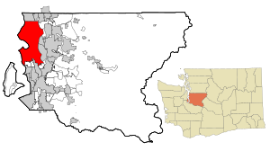 Lage von Seattle im King County (links) und in Washington (rechts)