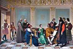 The court of Ludovico il Moro, Giuseppe Diotti (1823). Starting from the left: a page opens the door to the secretary Bartolomeo Calco. At the centre of the scene are seated Cardinal Ascanio, Duchess Beatrice and Duke Ludovico, to whom Leonardo da Vinci is showing the project for the fresco of the Last Supper. Around them are recognizable some other great personalities of the court: on the left Bramante speaks with the mathematician Fra' Luca Pacioli; on the right the musician Franchino Gaffurio, who reads a score, the poet Bernardo Bellincioni, crowned with laurel, and the historian Bernardino Corio, with his Historia di Milanounder his arm.[134]