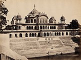 Samuel Bourne, "Palace & Tank. Built by Rajah Bulman Singh. Goverdhun 1311]," 1863–1869, photograph mounted on cardboard sheet