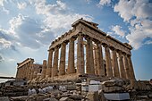 The Parthenon on the Athenian Acropolis, the most iconic Doric Greek temple built of marble and limestone between c. 460-406 BC, dedicated to the goddess Athena[17]