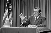 Secretary of Defense Donald Rumsfeld speaking during a press conference at The Pentagon on October 6, 1976